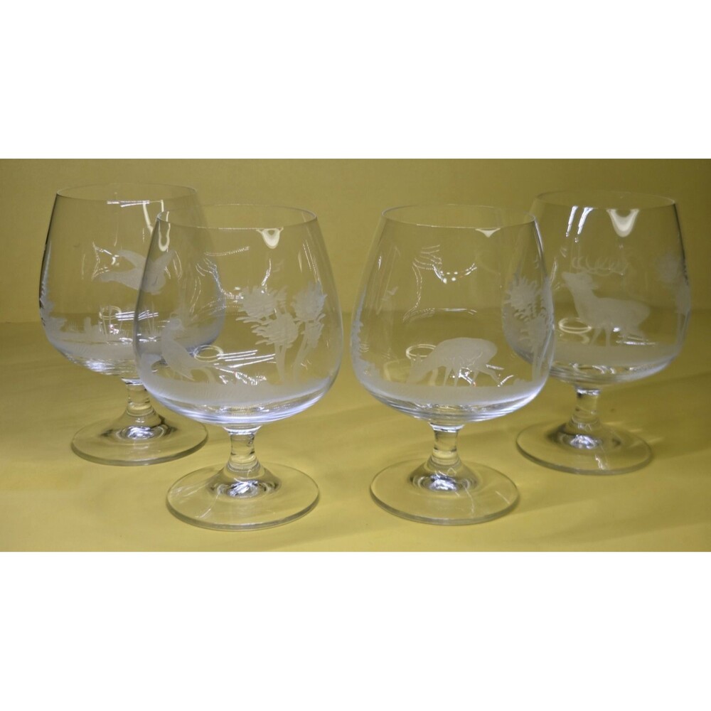Set Of 4 Brandy Snifters Etched Animals Birds Cognac Glasses Wildlife Glasses 6"